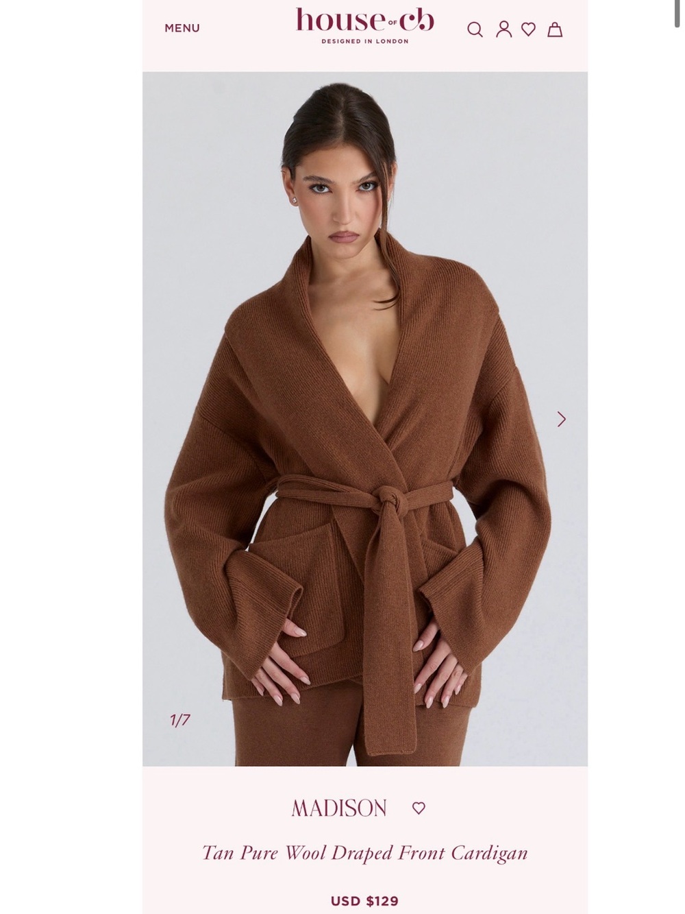House of CB Madison Tan Wool Draped Front Cardigan women’s S w/o belt